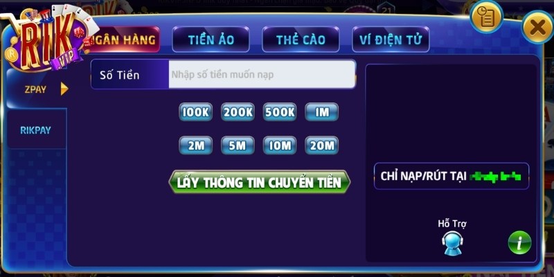 Sử dụng hình thức nạp tiền Rikvip qua ngân hàng