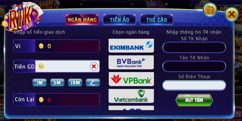 Sử dụng hình thức rút tiền Rikvip qua ngân hàng phổ biến
